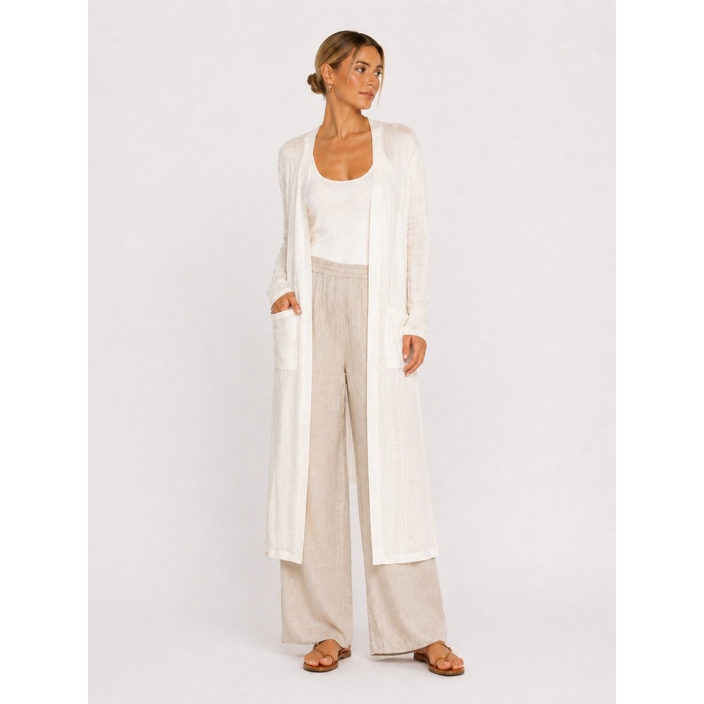 360 Sweater White Cream 100% Linen Ribbed Knit Longline Duster Cardigan M